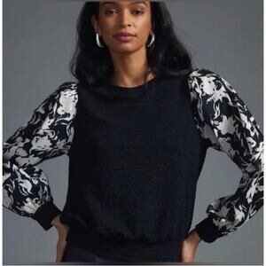 Porridge Textured Sweatshirt Womens XL Black Floral Puff Sleeves Pullover Top